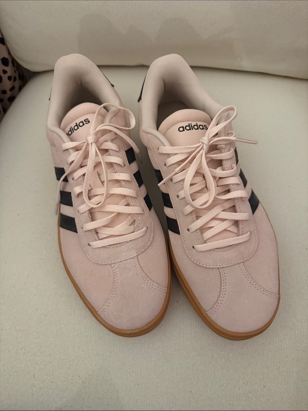 adidas Women's Pale Pink Suede Sneakers with Black Stripes